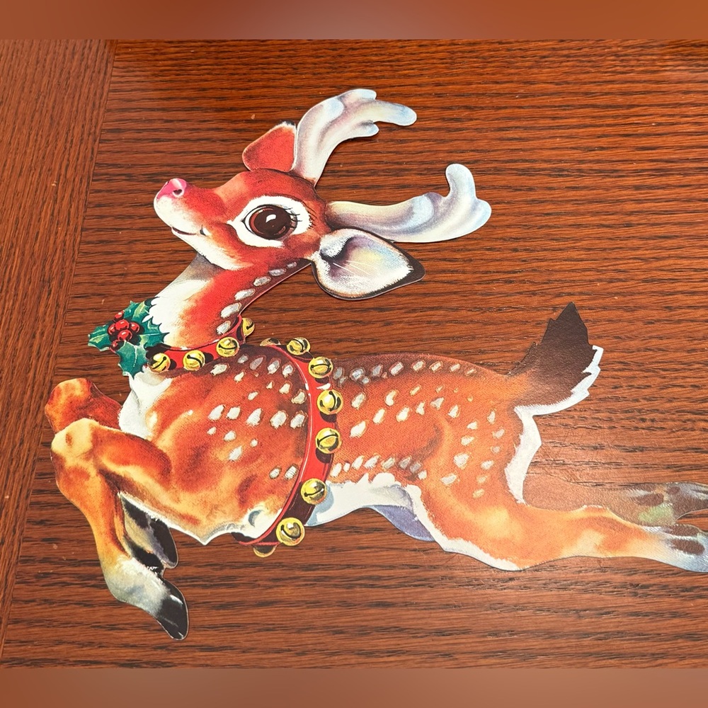 Vintage Die Cut Festive Reindeer Cutout with Bells